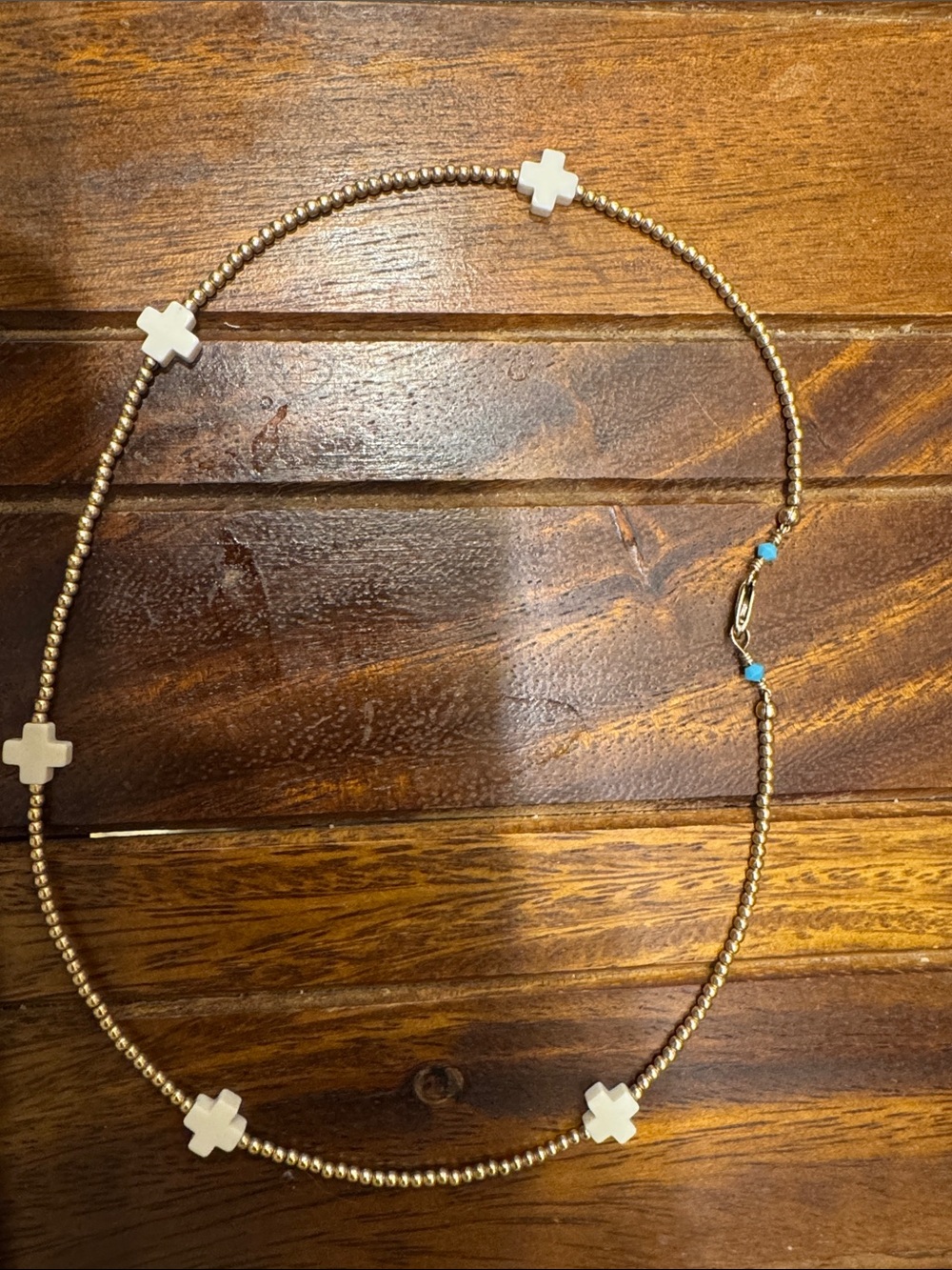 Gold Bead Necklace with White Cross Charms